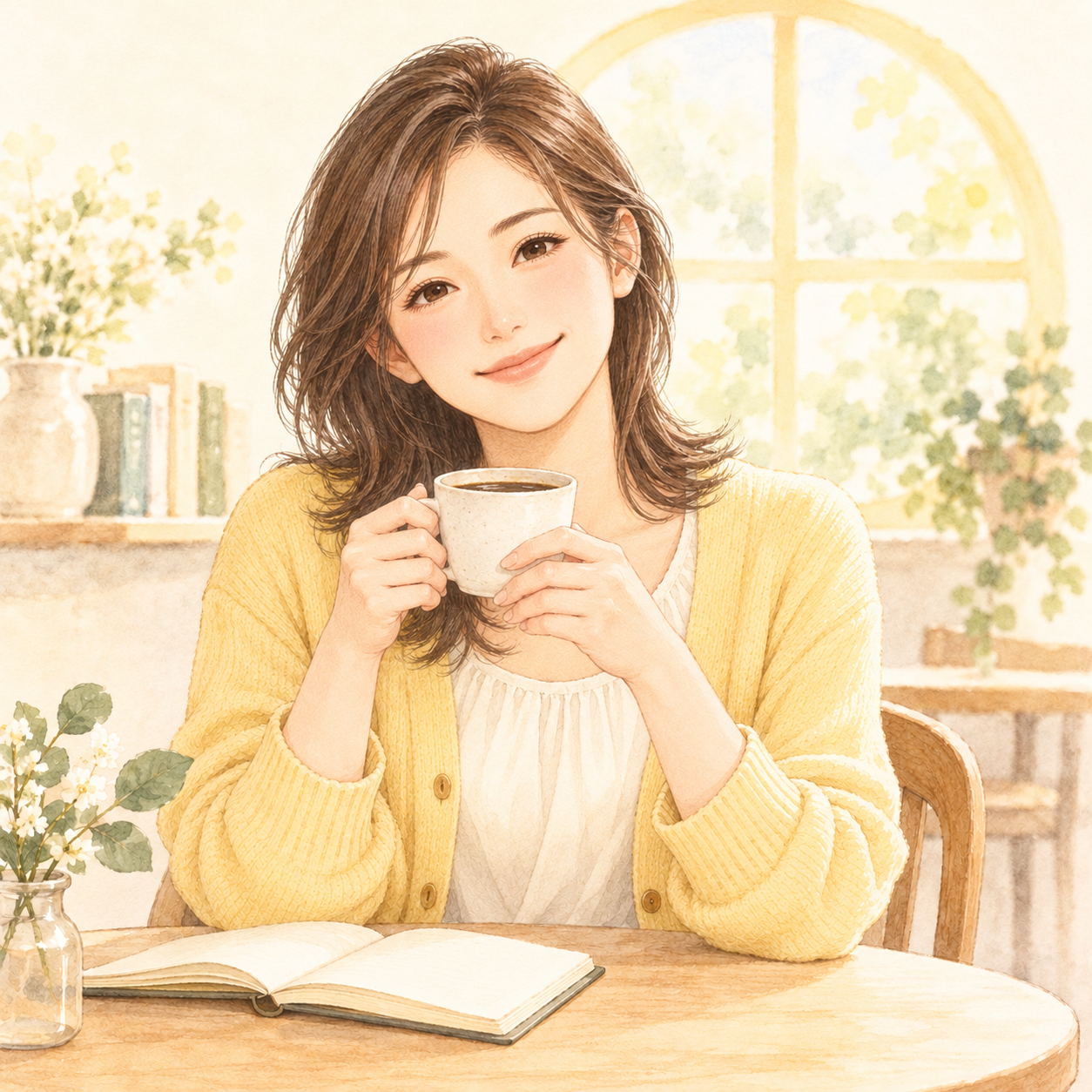 コーヒーカップを持つひろみのイラスト