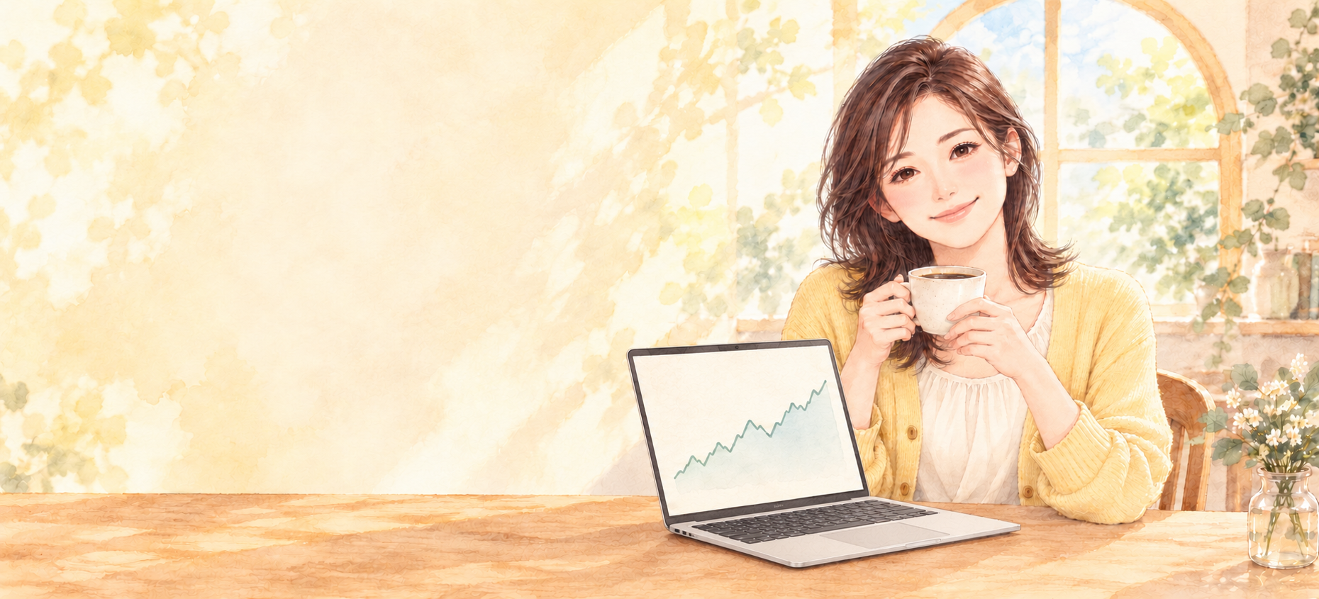 コーヒーを持つひろみと、概念的なチャートを映すシルバーのMac型ノートパソコンのイラスト