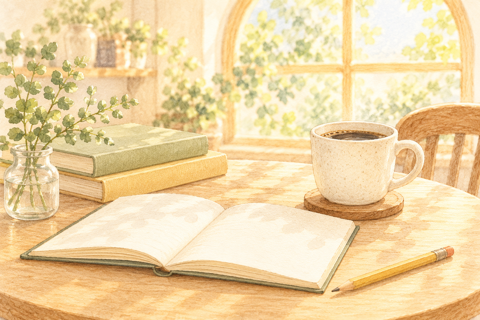コーヒーとノート、本を並べた机のイラスト